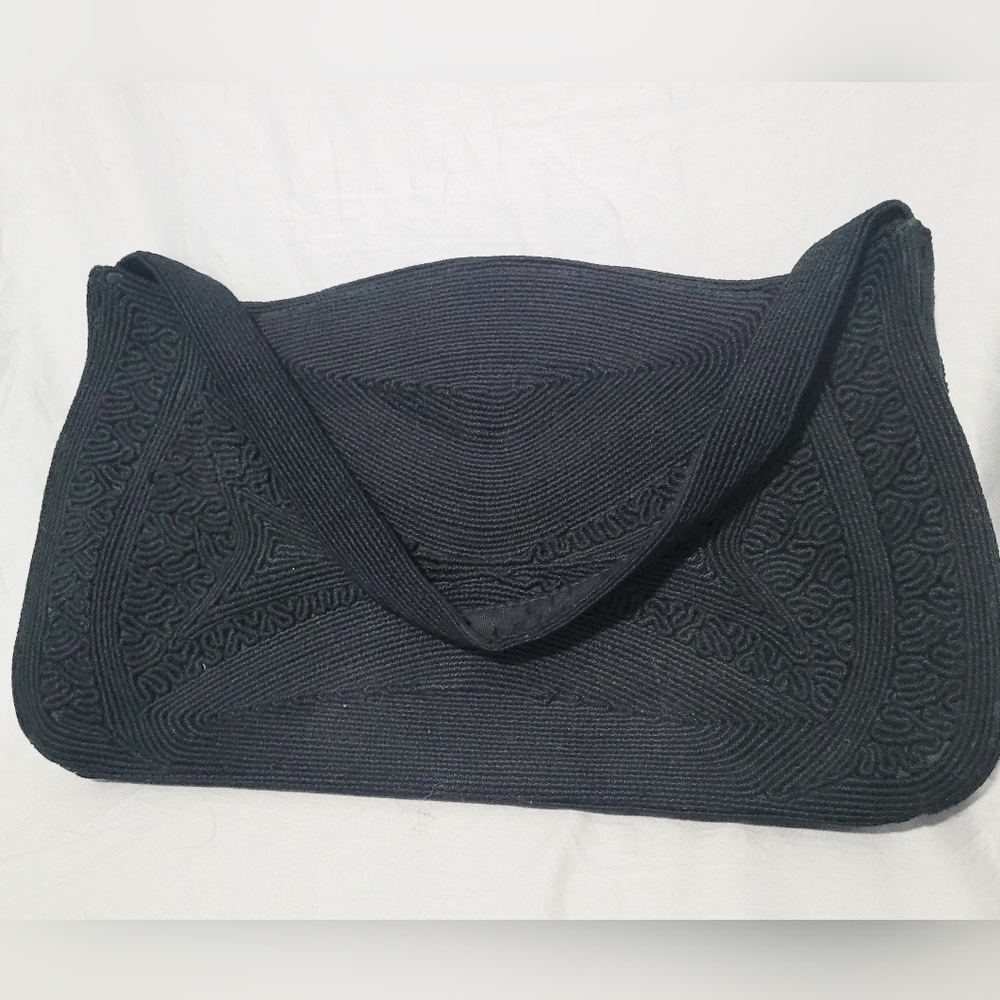Vintage Black Corde Clutch 2 Side Pockets Middle Zipper 50s